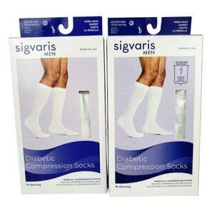 NEW Sigvaris 2 Pairs White Knee High Men Diabetic Compression Socks 18-25mmHg ML